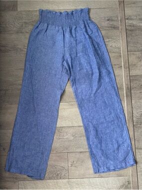 Sigrid Olsen Blue Linen Pull-On Pants Women’s L Relaxed Straight high Rise Boho